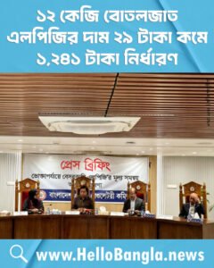 ১২ কেজি বোতলজাত এলপিজির দাম ২৯ টাকা কমে ১,২৪১ টাকা নির্ধারণ