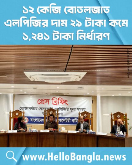 ১২ কেজি বোতলজাত এলপিজির দাম ২৯ টাকা কমে ১,২৪১ টাকা নির্ধারণ